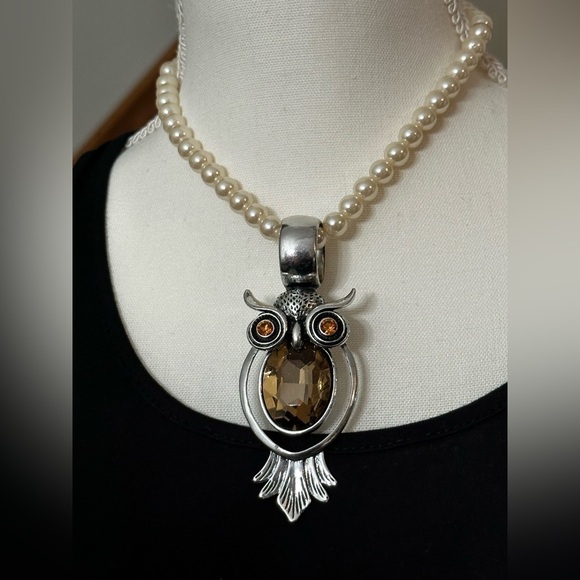 OWL Bird Silver Tone Yellow Rhinestones Scarf Enhancer or Necklace Pendant - Picture 6 of 13